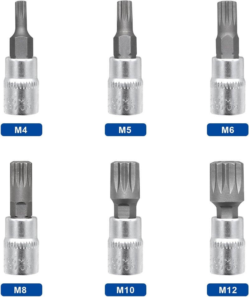 DAZCOS 6pcs Spline Socket Set, M4-M12 for 1/4" Drive, XZN Triple Square Spline Bit Set, S2 Alloy Steel Bit and CR-V Drive Socket - Image 3